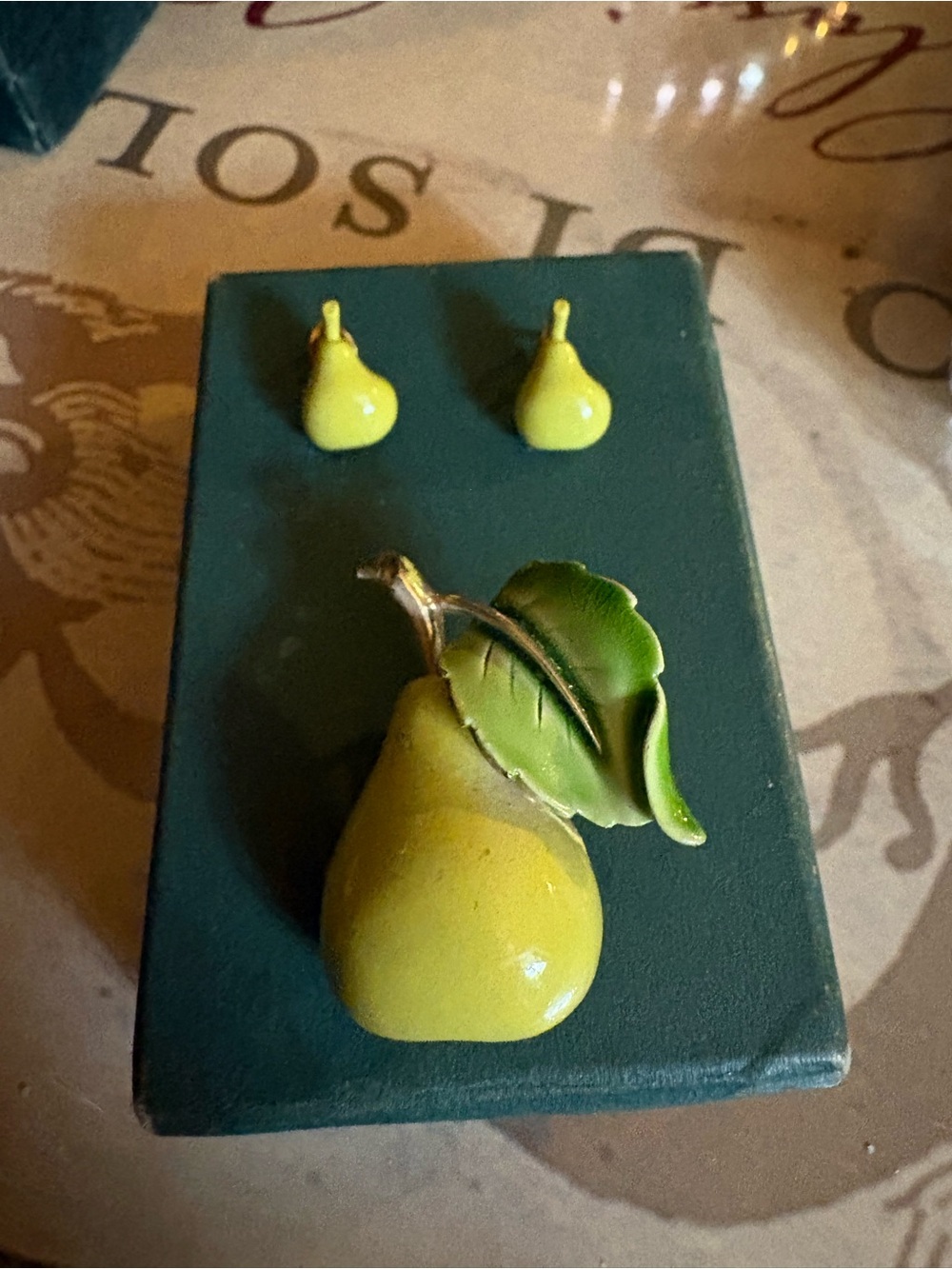 60’s enamel pear brooch with leaf w/ matching earrings. No enamel wear.